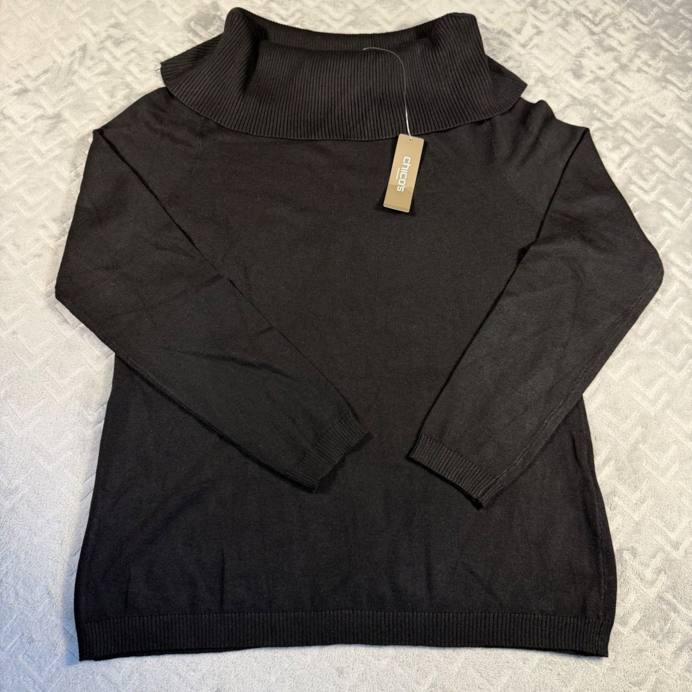 Chico's Mandie Pullover Sweater‎ Womens Medium (1) Black Cowl Neck Fold Over NWT